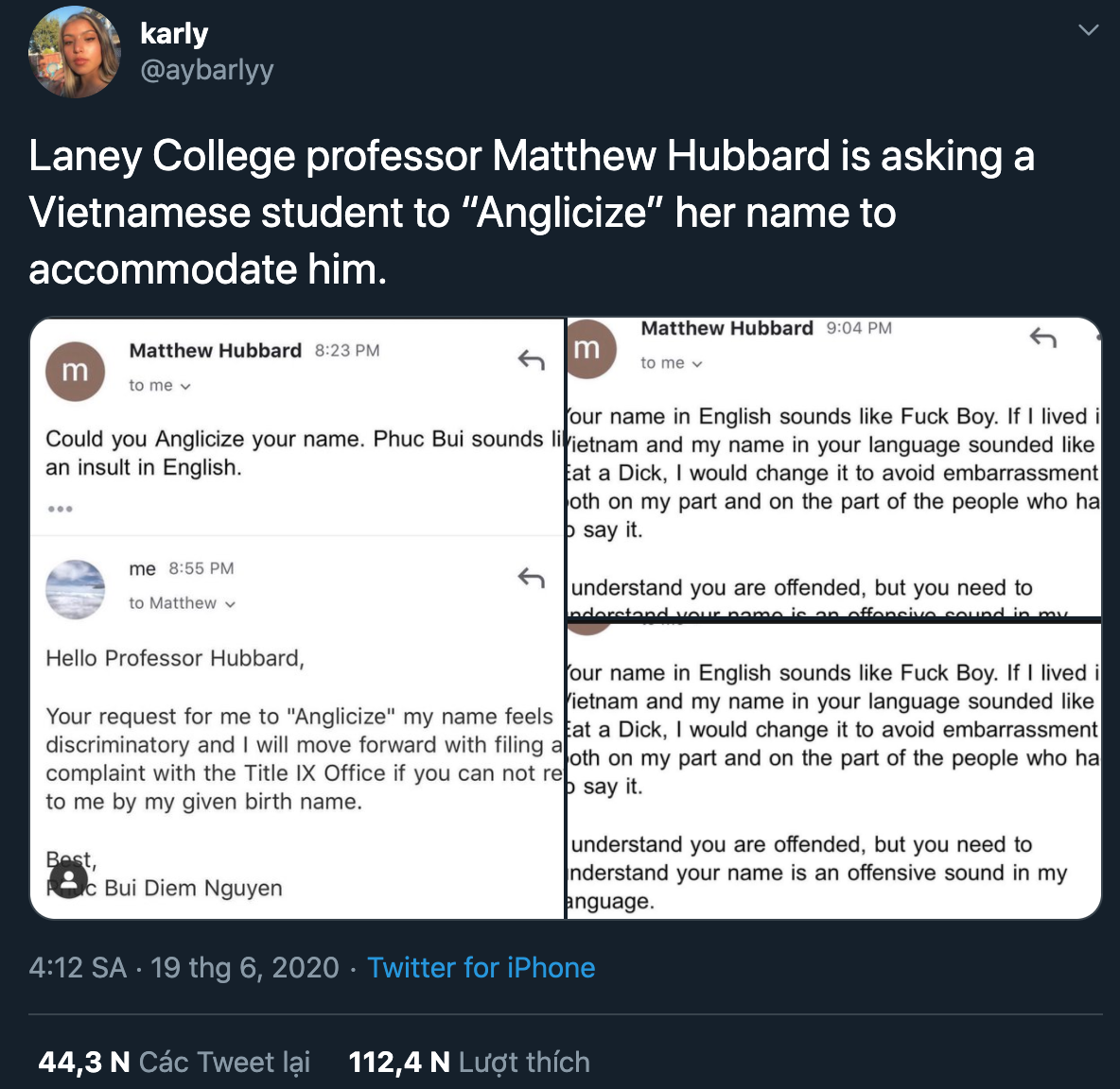 Screenshots of an email exchange between Phuc Bui Diem Nguyen and her mathematics instructor Matthew Hubbard at Laney College in Oakland, the United States, regarding her Vietnamese name are posted by a Twitter user identifying as Nguyen’s high school friend on the social networking site on June 19, 2020 in a screenshot.