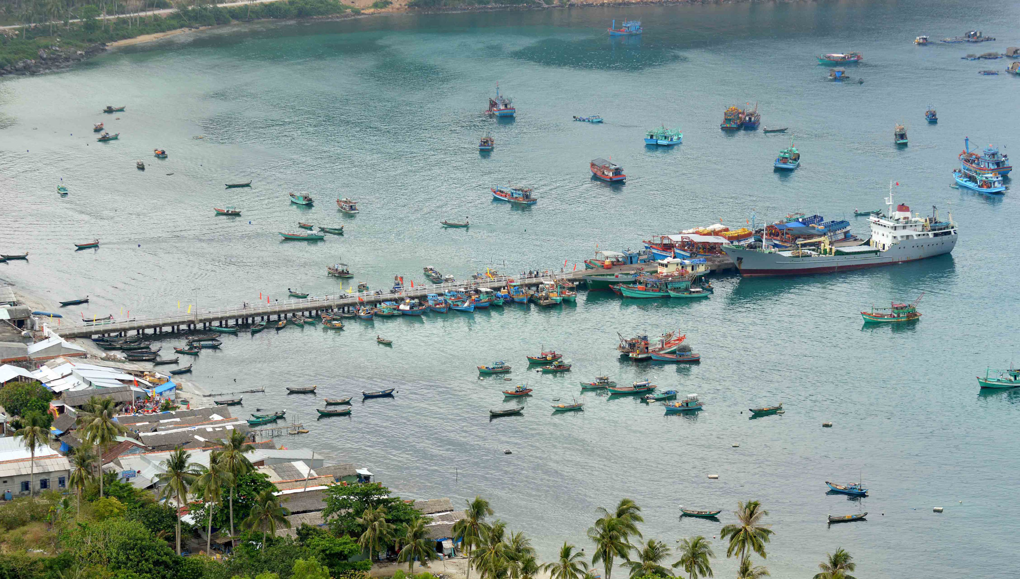 Boats are docked at Bai Ngu Pier on Tho Chau islands off Kien Giang Province, Vietnam.