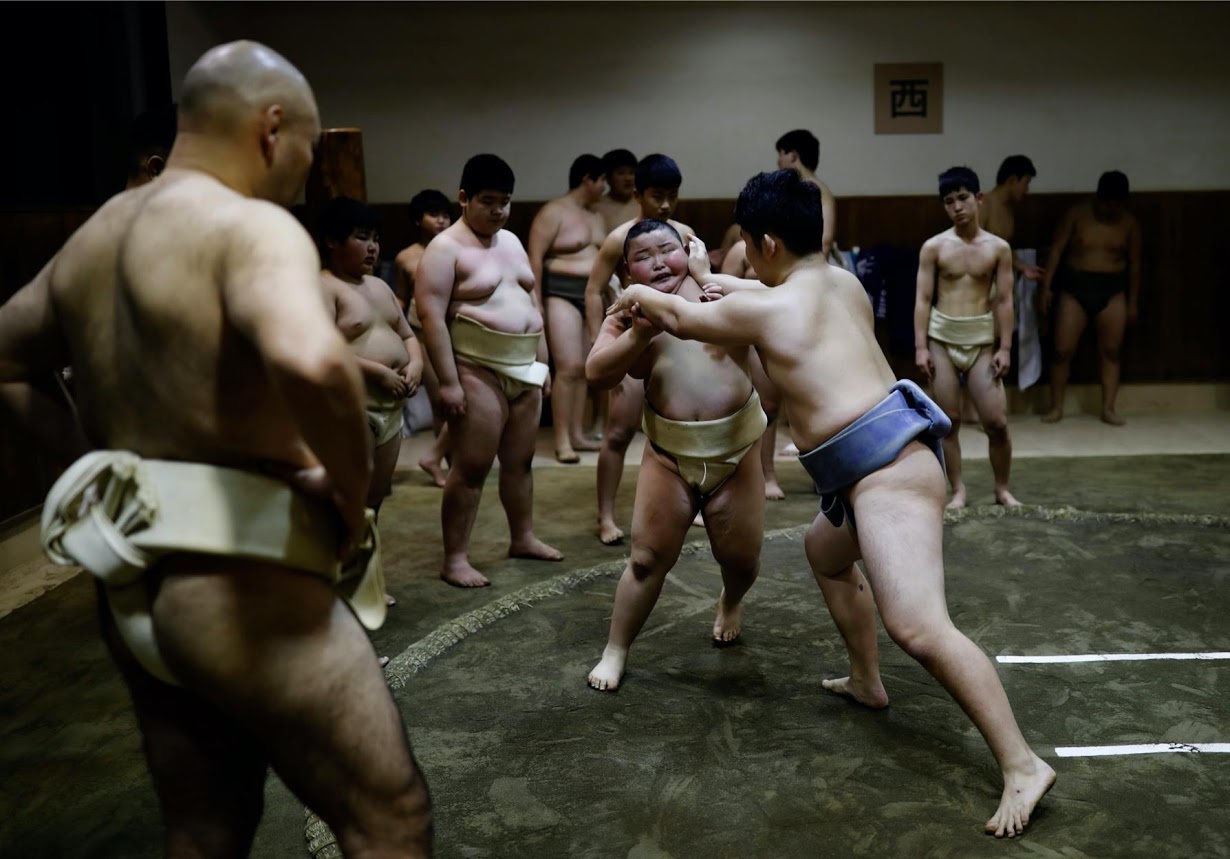 Kyuta practises sumo during a training session at Komatsuryu Sumo Club. Photo: Reuters