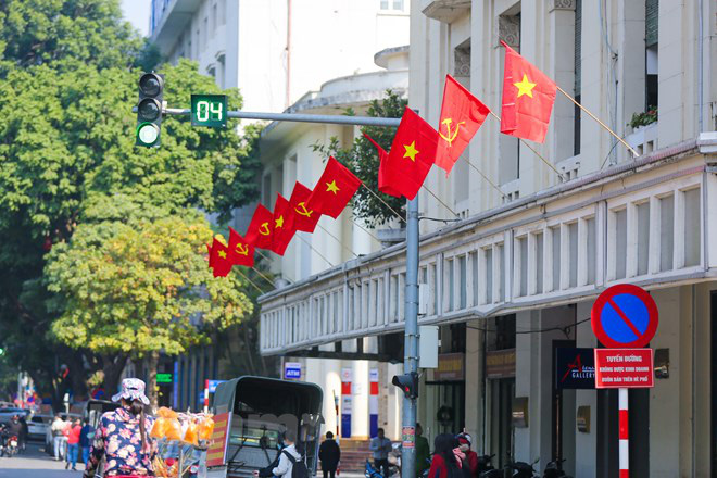 A street in Hanoi is decked out in flags to prepare for the 13th National Party Congress. Photo: Vietnam News Agency