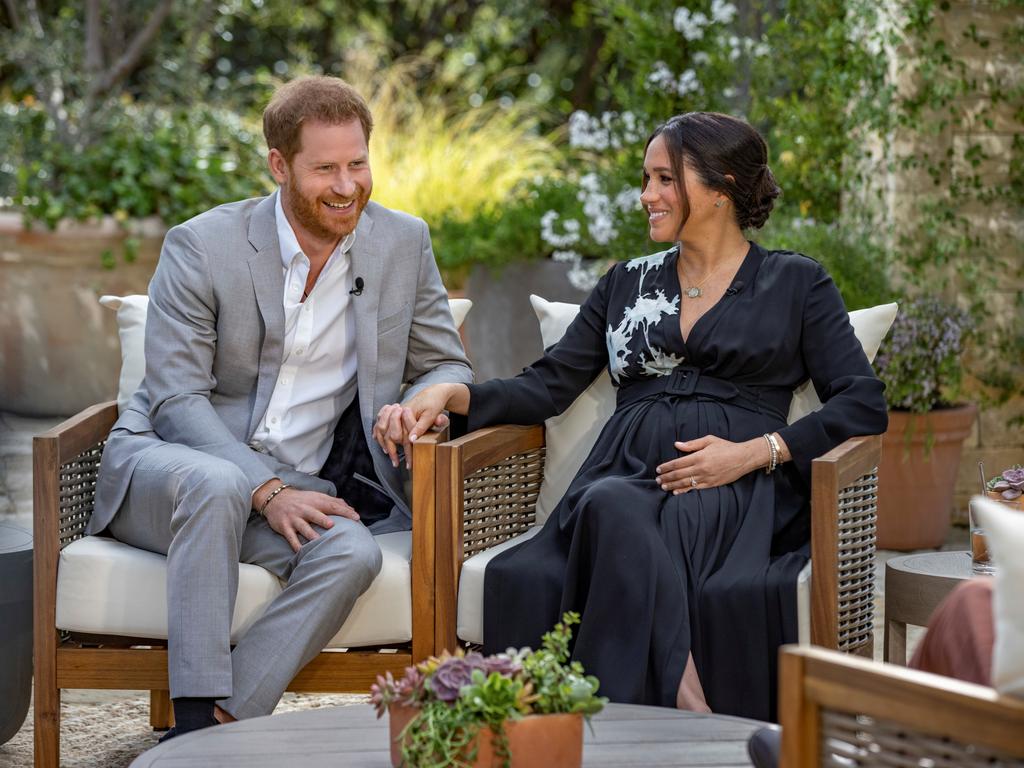 Prince Harry and Meghan, The Duke and Duchess of Sussex, give an interview to Oprah Winfrey in this undated handout photo. Photo: Reuters