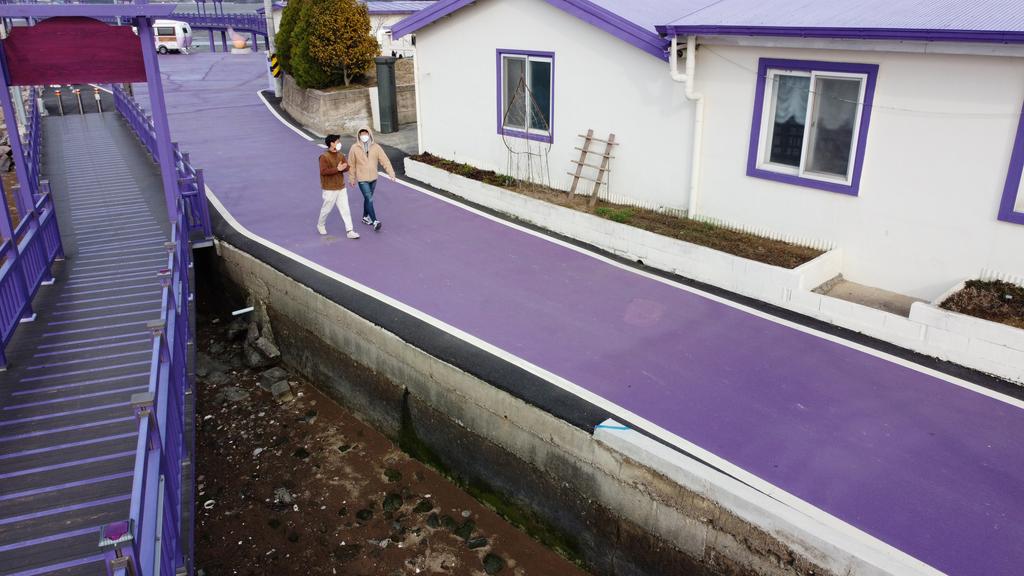 Tourists walk on a purple street at the Purple Island in Shinan, South Korea, March 9, 2021. Picture taken March 9, 2021. Photo: Reuters